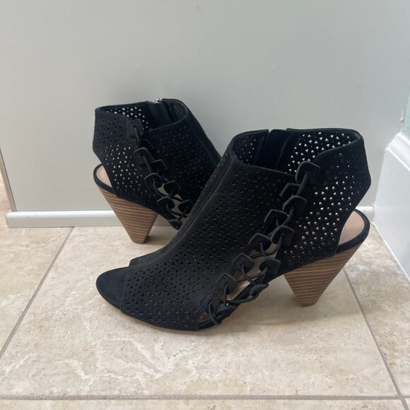 Vince Camuto Elison Nubuck Leather Peep Toe Heeled Sandal Bootie, Size 9M, Black - Picture 3 of 9